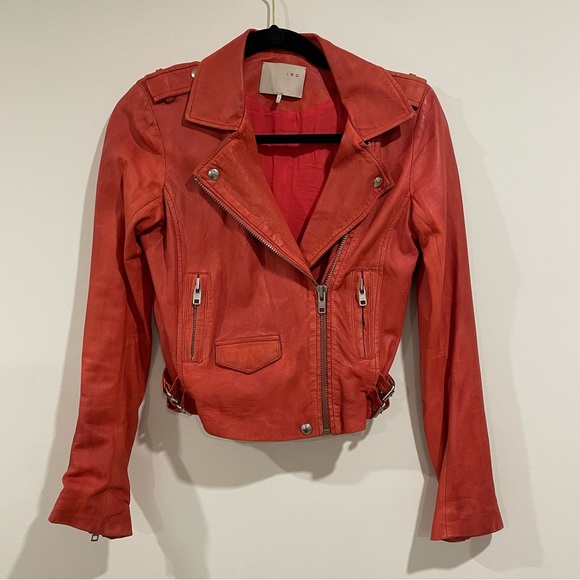 IRO Paris 100% leather Ashville long sleeve biker jacket size 1 red coral orange - Picture 2 of 4